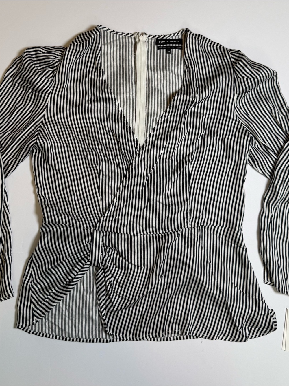 ‘Something Navy’ Gathered Peplum Wrap Blouse M Black White Striped V-Neck NWT